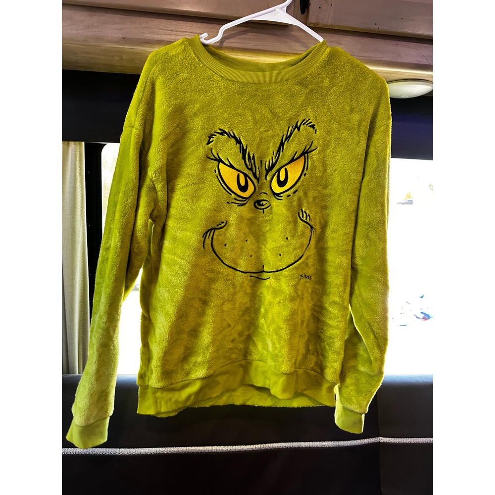 Dr Seuss The Grinch Fuzzy Fleece Sweatshirt Lime Green Christmas Pullover Top